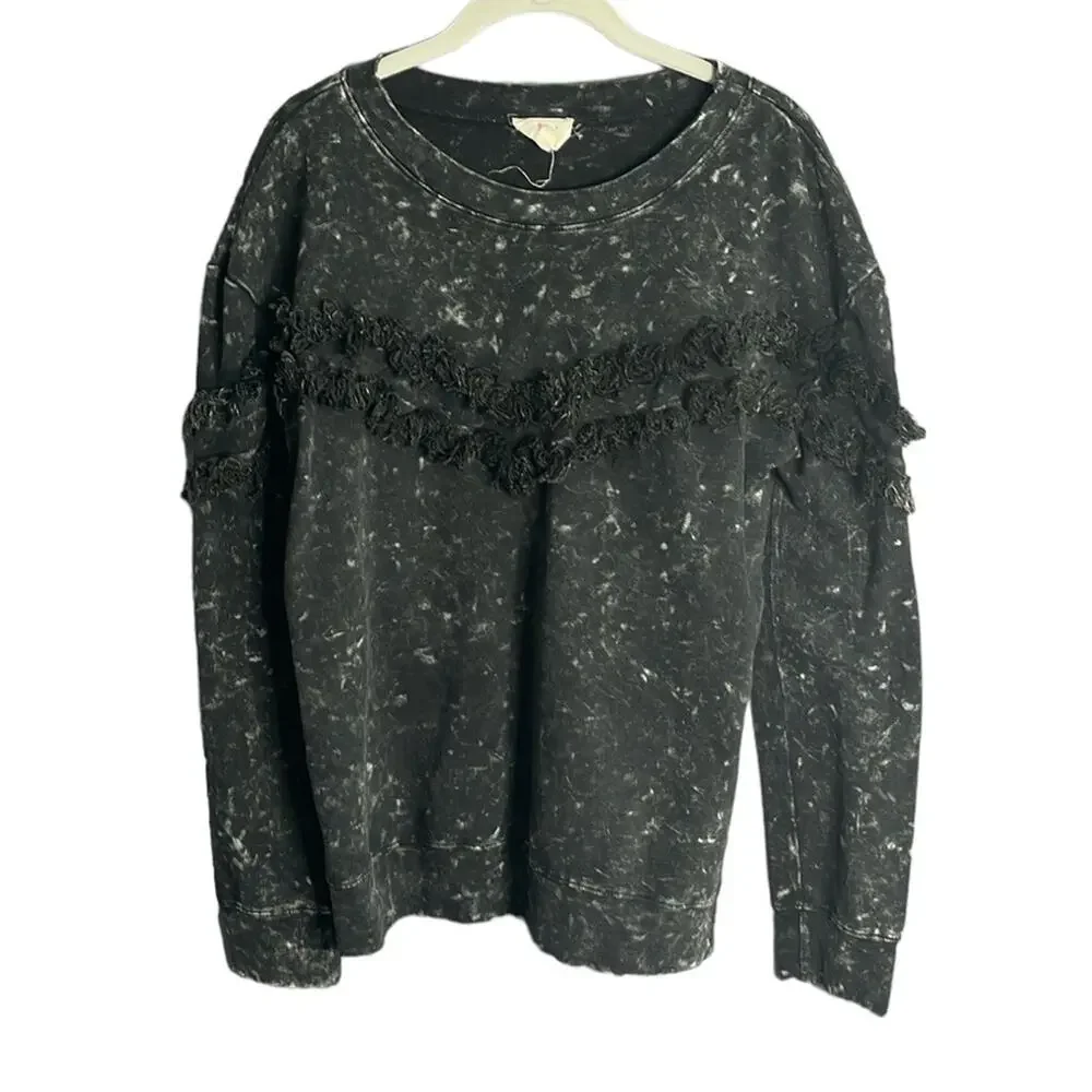 Bibi Black Crewneck Sweatshirt Ruffle Detail Medium